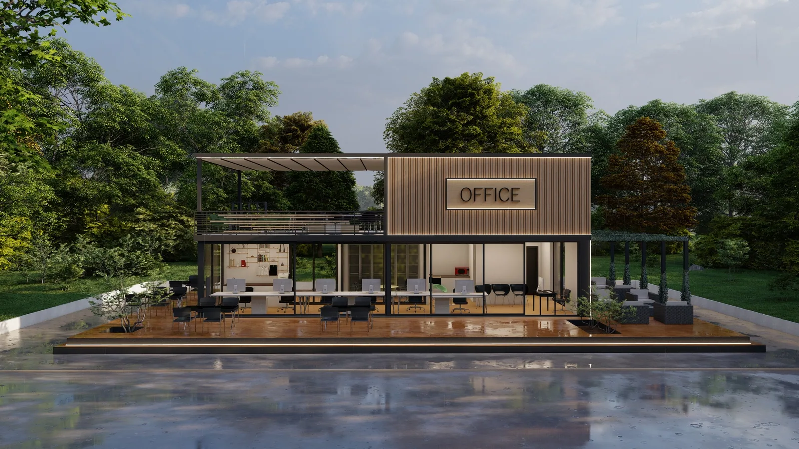 Modulares Bürogebäude mit überdachter Dachterrasse und Aussentreppe