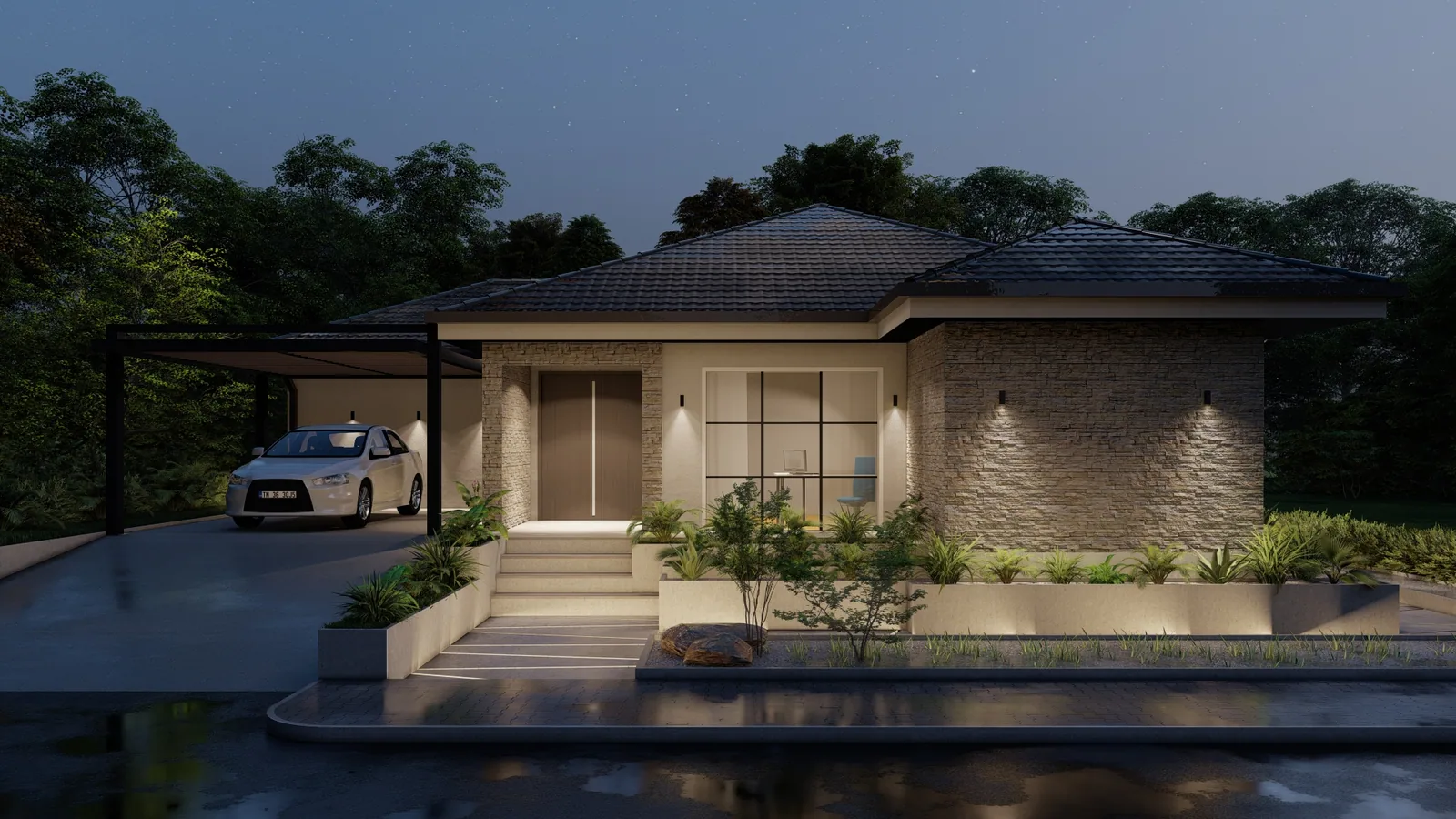 Eingeschossiger Bungalow mit Walmdach, überdachtem Stellplatz und Wasserbecken