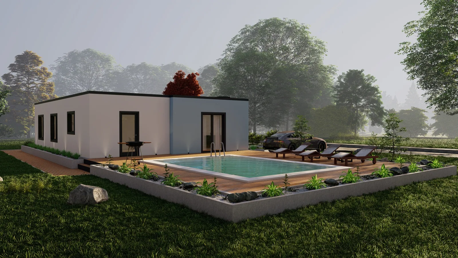 Weißer Bungalow mit Flachdach, umlaufendem Fensterband und Pool im Garten