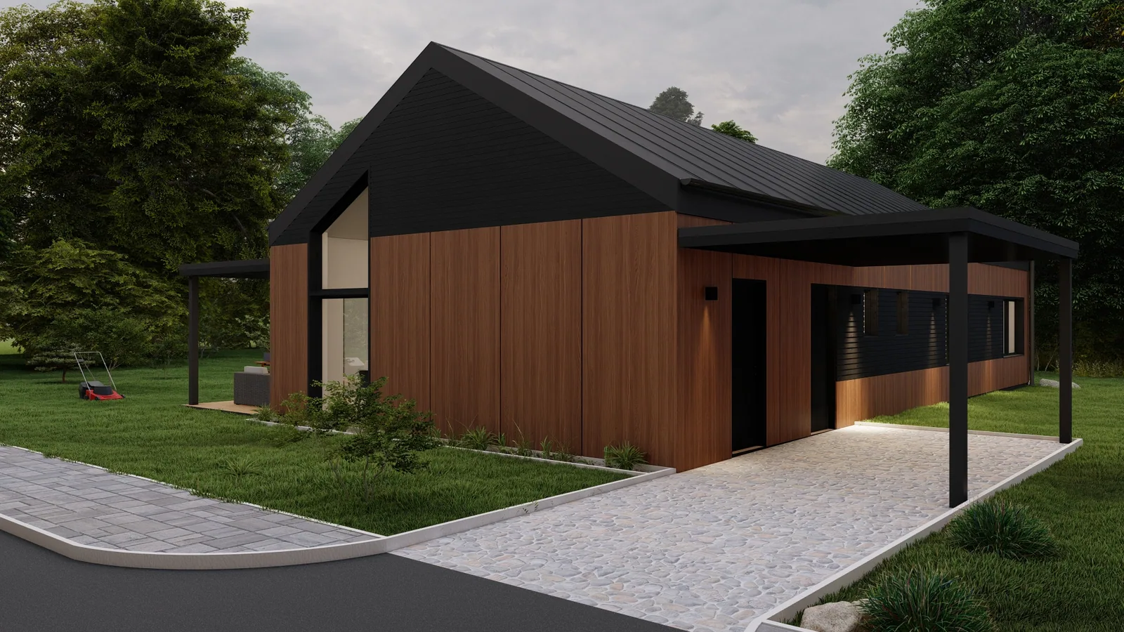 Eingeschossiger Bungalow mit Holzfassade, dunklem Satteldach und breiter Zufahrt