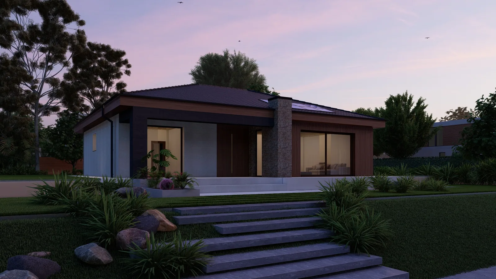 Bungalow mit weit gezogenem Terrassendach und beleuchteter Glasfront in der Dämmerung