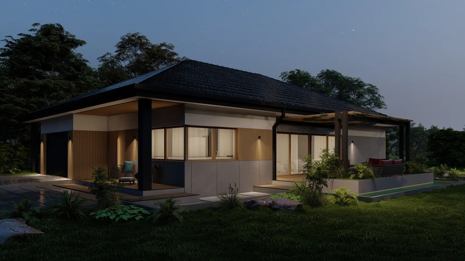 Bungalow mit weit auskragendem Dach, raumhoher Verglasung und Gartenanschluss