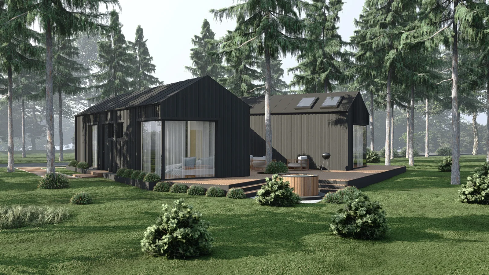 Dunkler Bungalow mit flachem Dach am Waldrand, große Glasflächen zur Lichtung