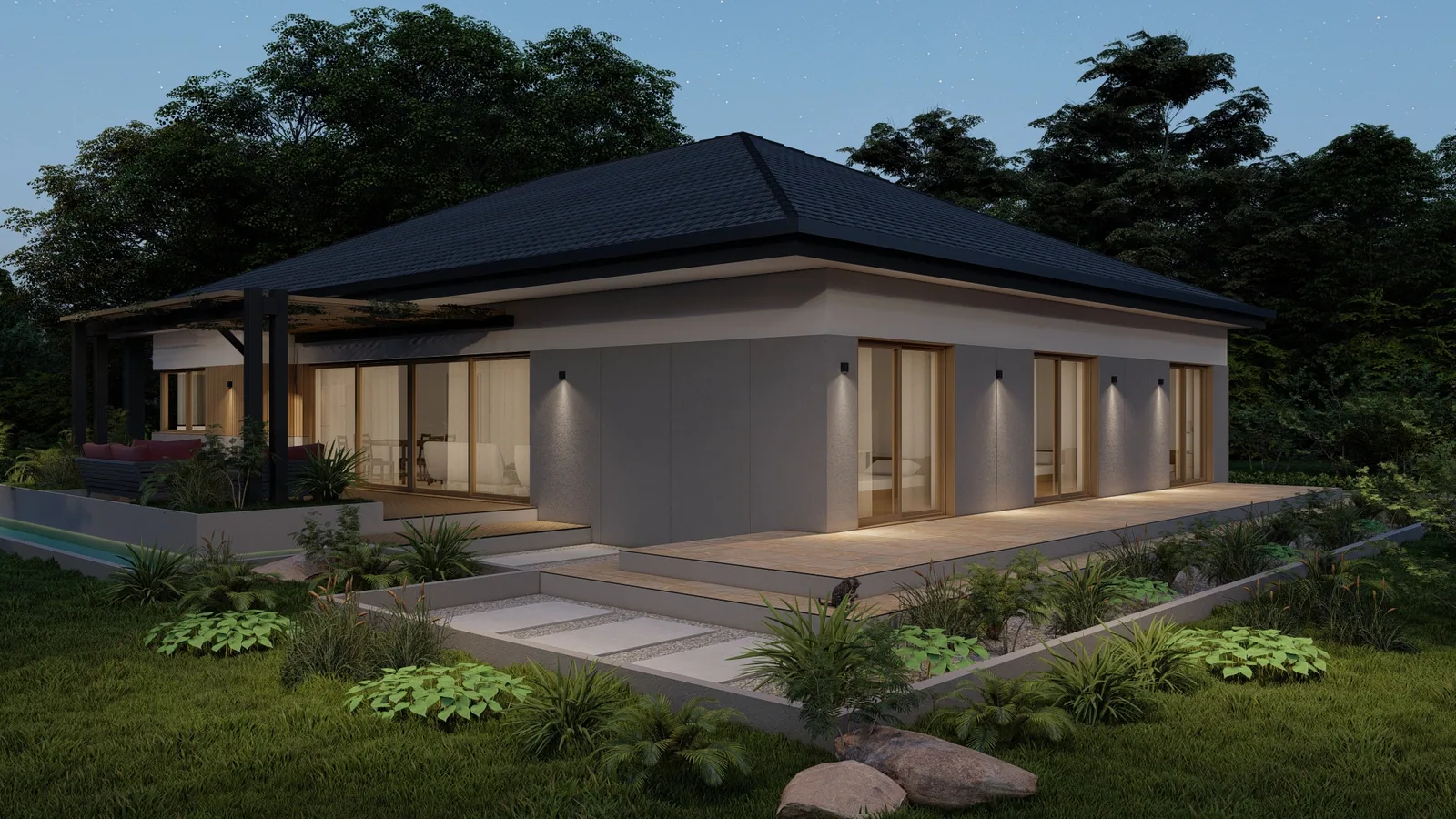 Bungalow mit Walmdach, hellem Putz, Carport und beleuchteter Zufahrt