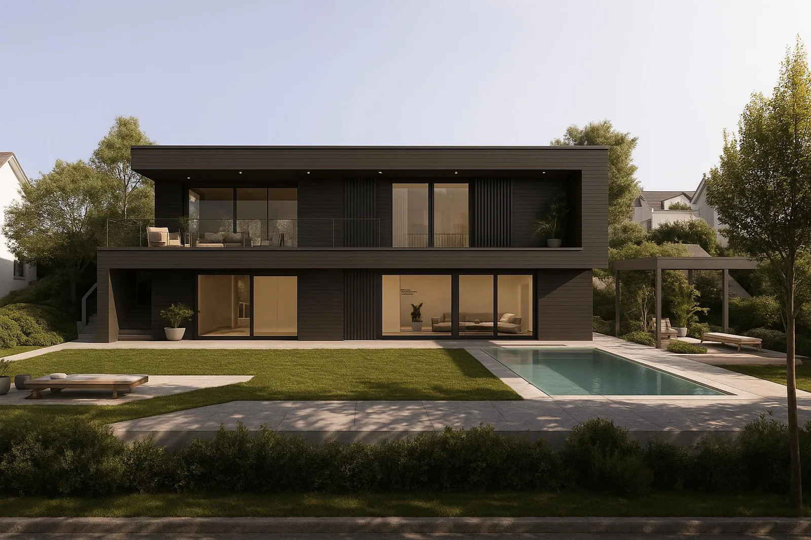 Zweigeschossiges Wohnhaus mit dunkler Holzfassade, auskragendem Obergeschoss, Pool und Rasenfläche im Abendlicht