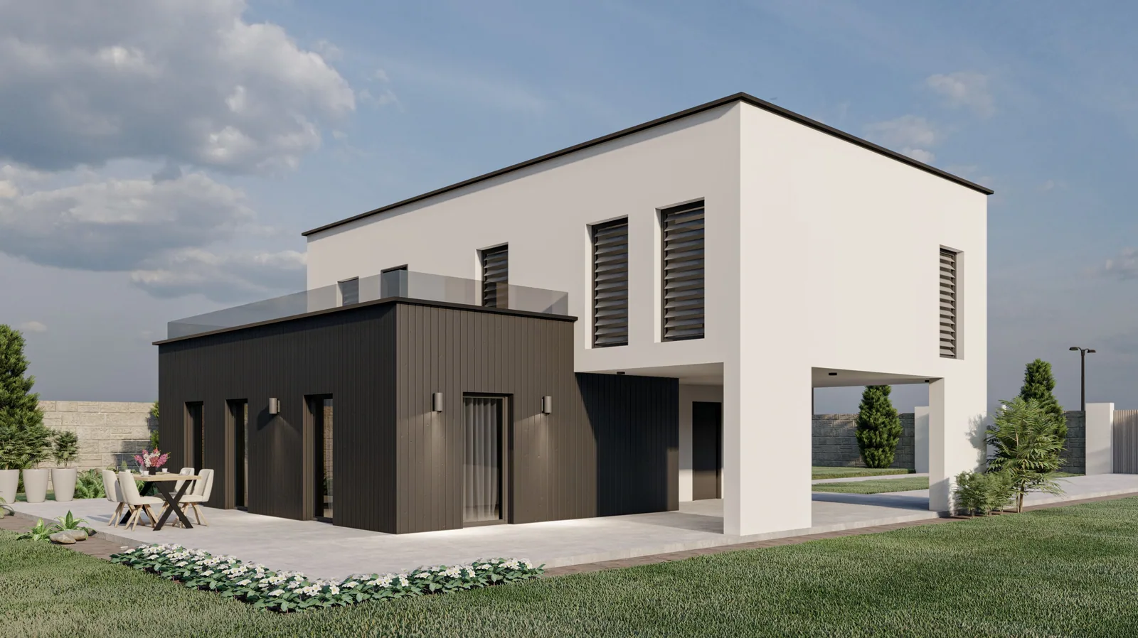 Flachdachhaus mit weißer Putzfassade, dunklem Sockelgeschoss und angebautem Carport