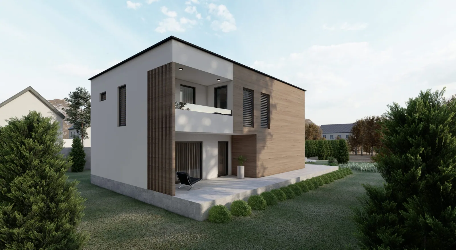 Weißes Flachdachhaus mit umlaufendem Holzband und auskragendem Balkon