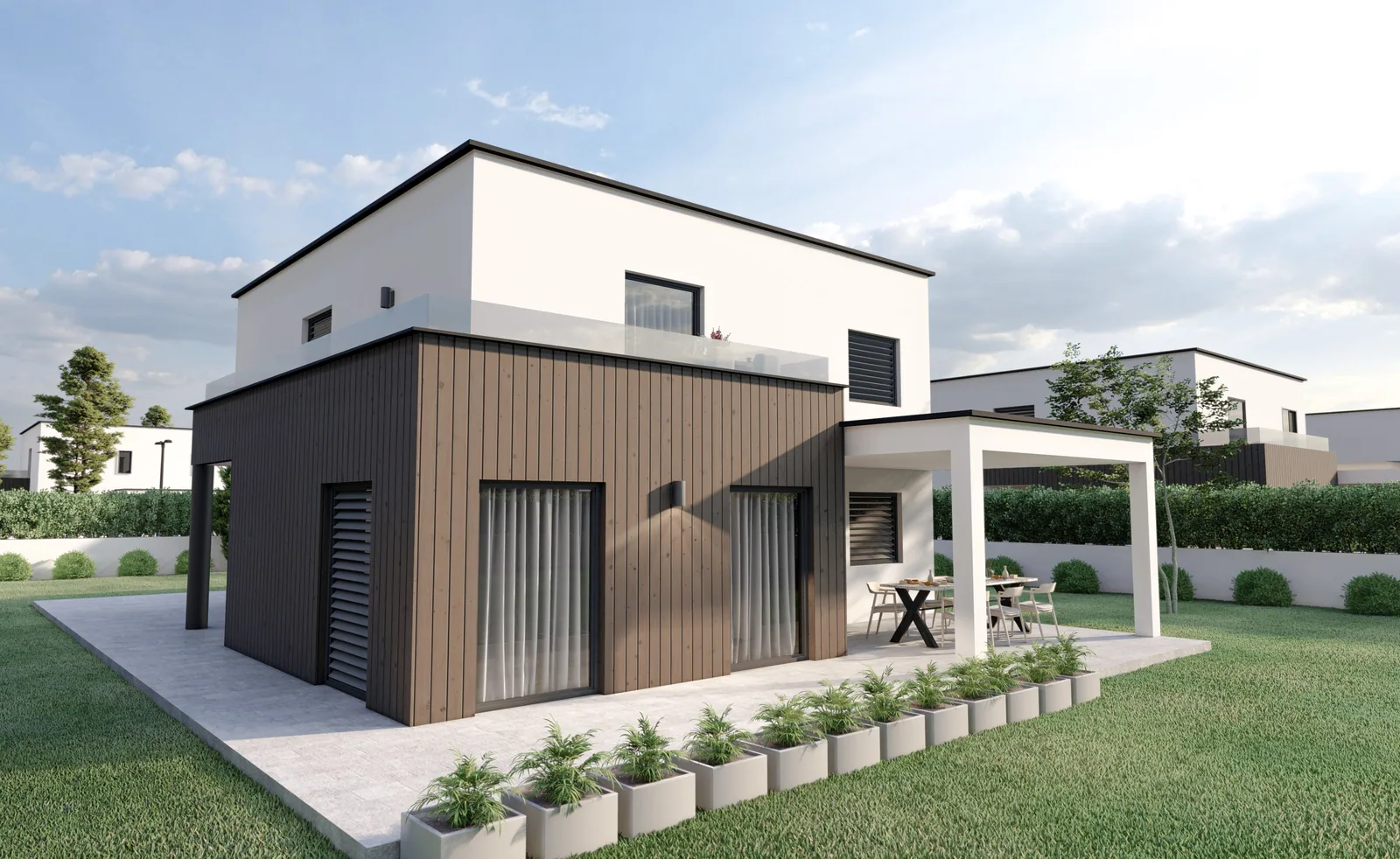 Flachdachhaus mit dunkler Holzverschalung, weißem Obergeschoss und überdachtem Sitzplatz