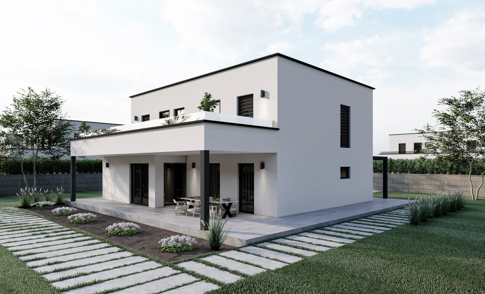 Weißer kubischer Flachdachbau mit dunklen Fensterlaibungen und Plattenweg