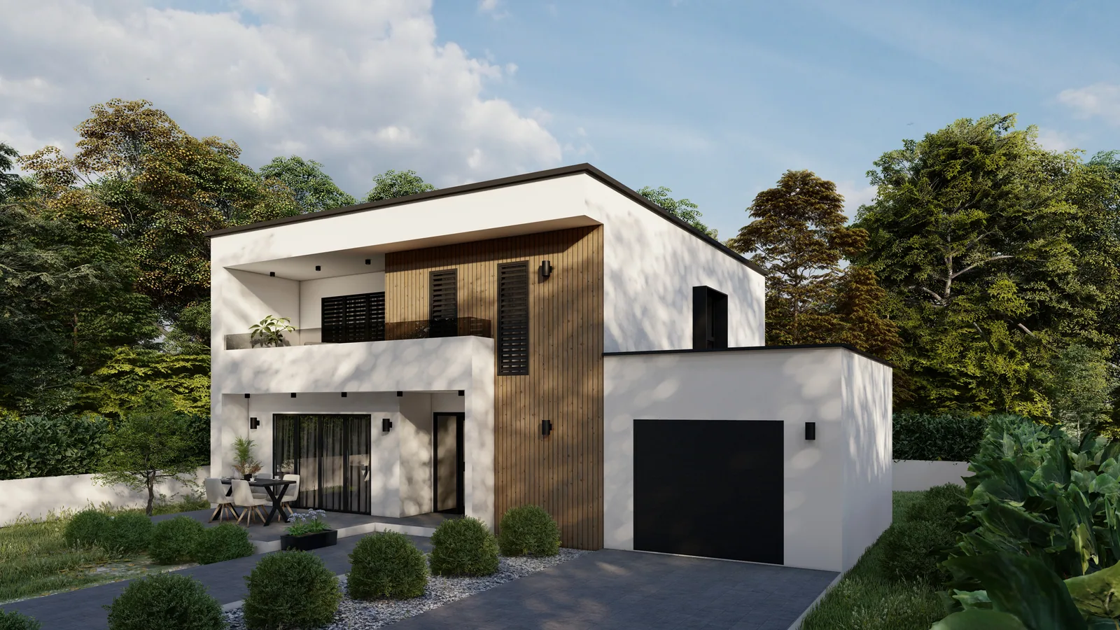 Flachdachhaus mit hellem Putz, Holzverkleidung am Eingang und angebauter Garage