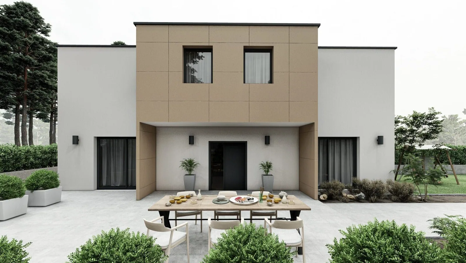 Zweigeschossiges Flachdachhaus mit heller Fassade, Holzfeld und großer Terrasse