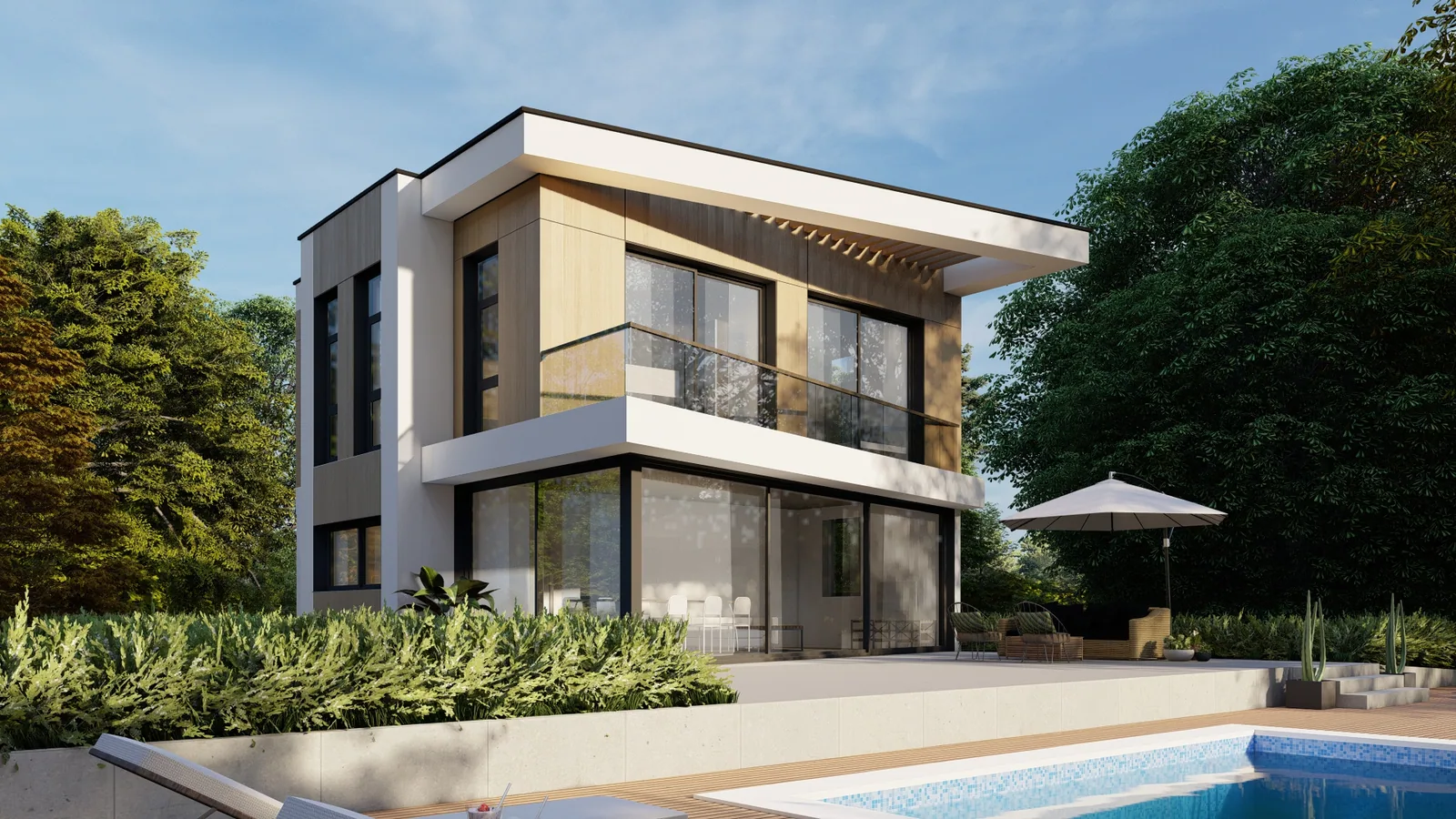 Modernes Flachdachhaus mit versetzten Baukörpern, Holzverkleidung und Pool