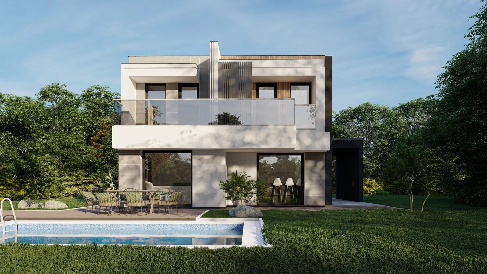 Flachdachhaus mit hellem Putz, Natursteinelementen, weit auskragendem Vordach und Pool