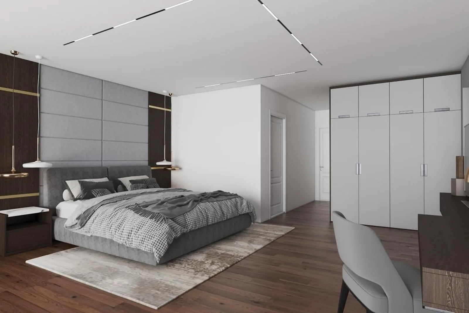 Schlafzimmer mit Doppelbett, hölzerner Wandverkleidung und raumhohem Einbauschrank