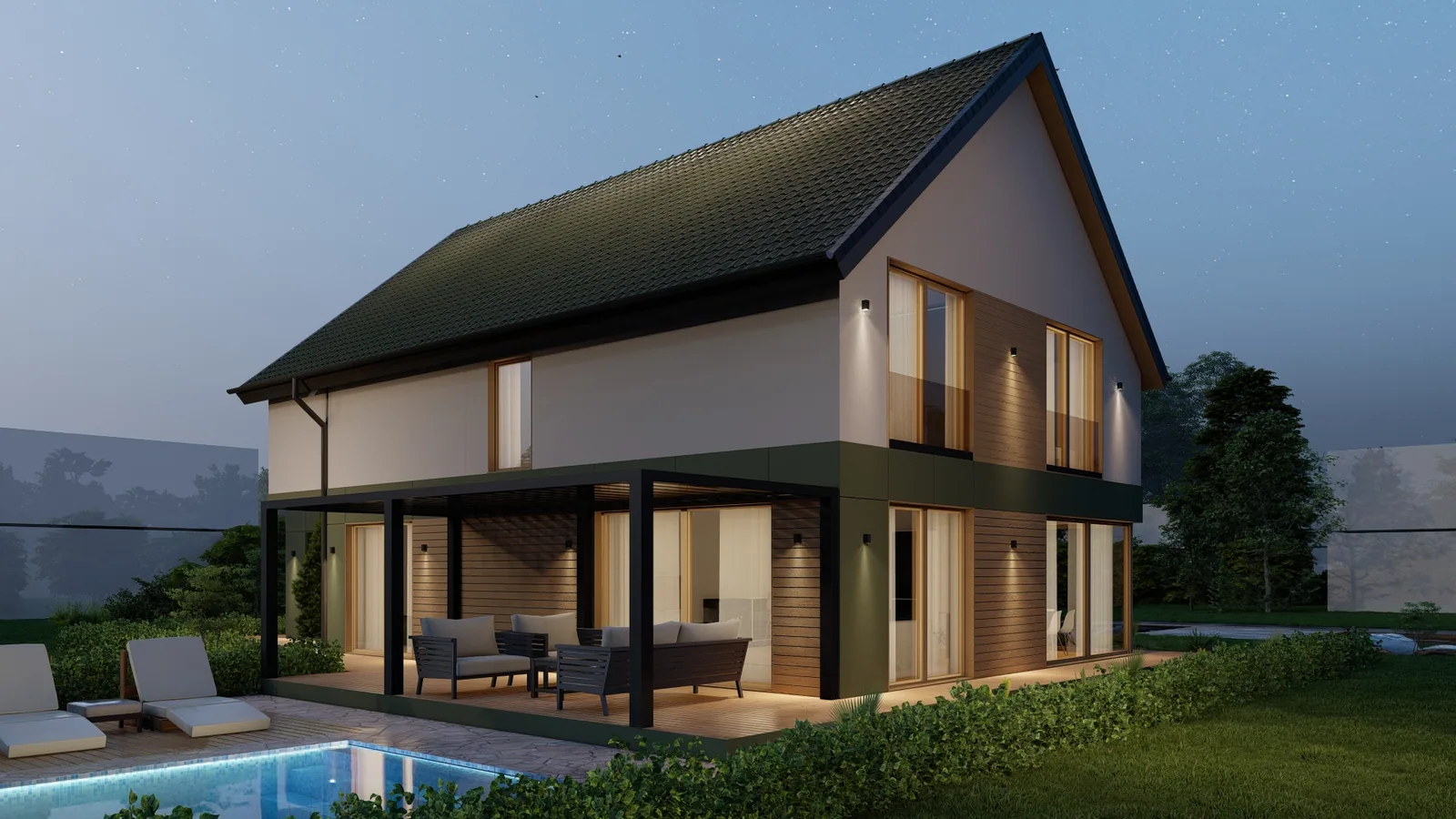 Einfamilienhaus mit Satteldach und flach gedecktem Anbau, davor eine Terrasse mit Pool