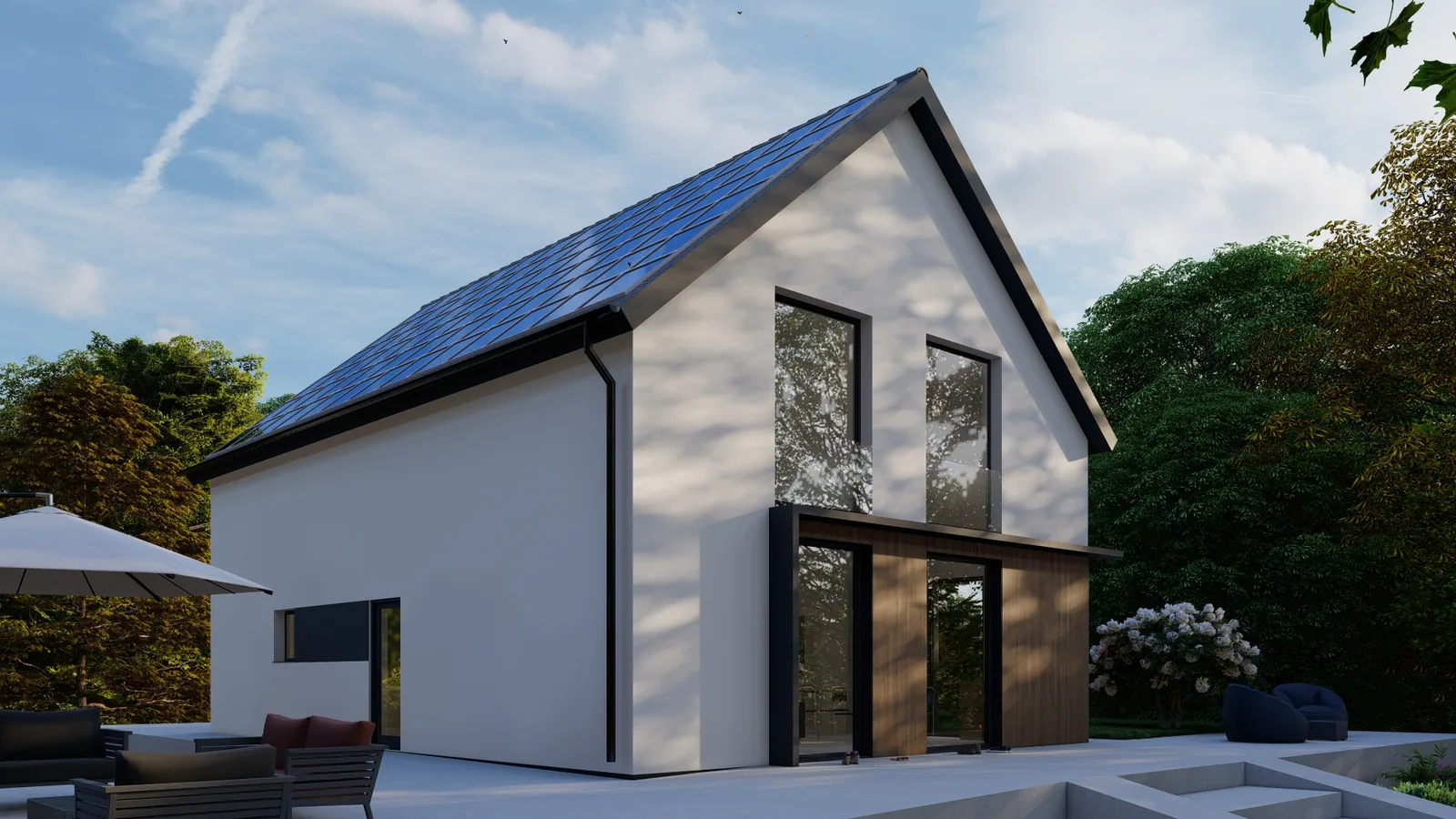 Einfamilienhaus mit Satteldach, vollflächiger Photovoltaikanlage und bodentiefen Fenstern