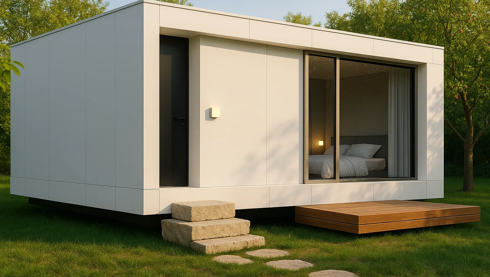 Einzelnes weißes Wohnmodul mit großer Fensterfront und Natursteinstufen