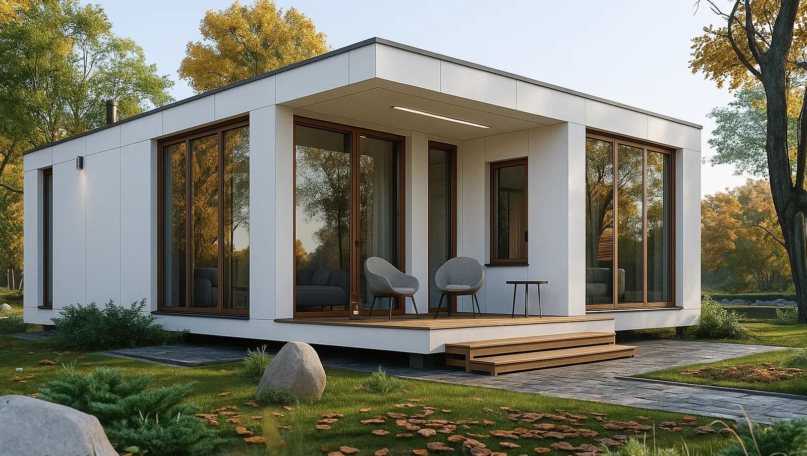 Weißes Modulhaus mit raumhoher Glasfront, überdachter Veranda und Holzdeck