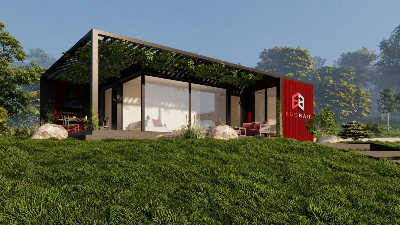 Tiny House mit roter Stirnwand und EcoBau-Logo, raumhoher Verglasung und begrünter Pergola