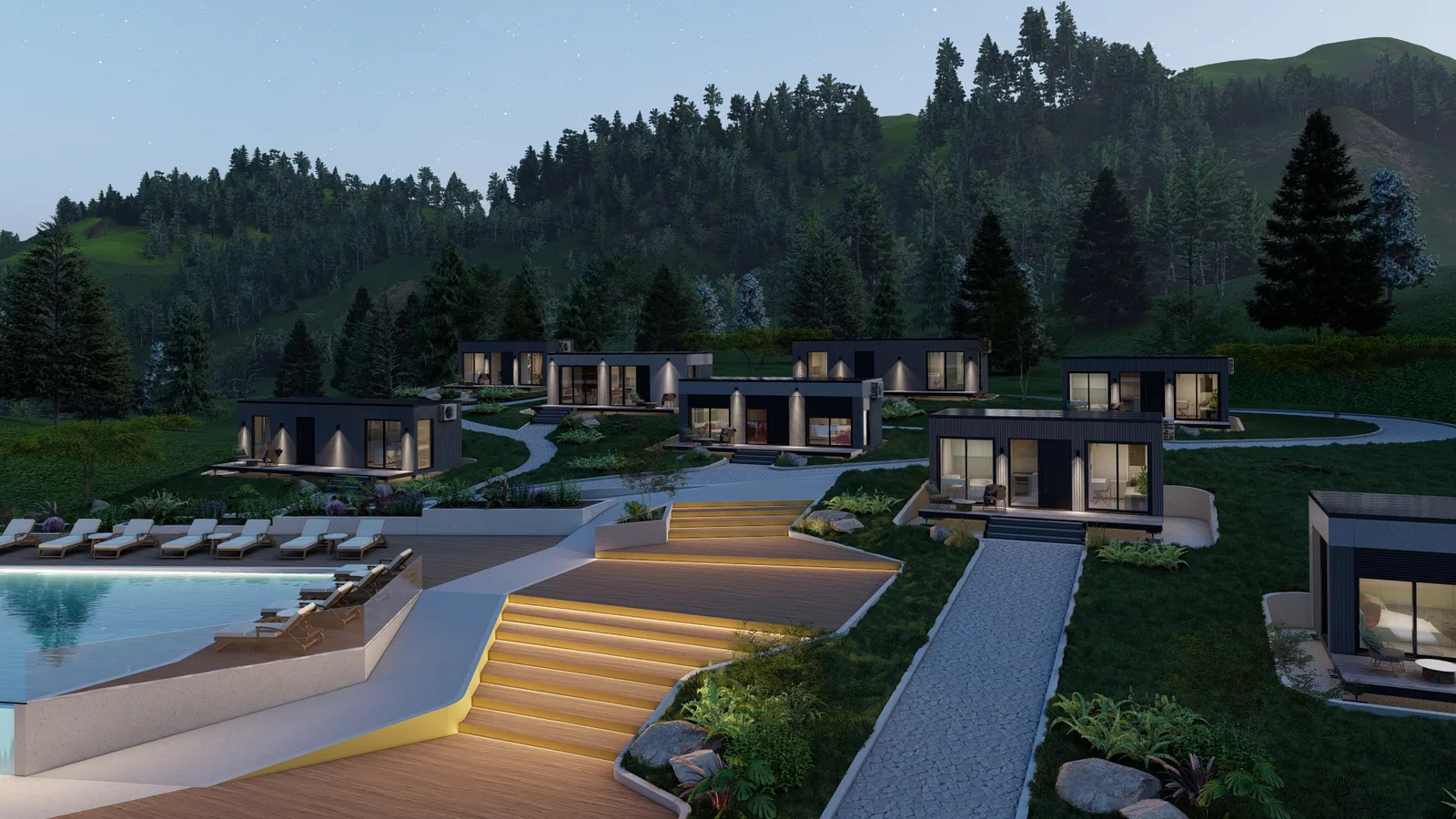Luftaufnahme einer Anlage aus Tiny Houses mit Pool und angelegten Wegen